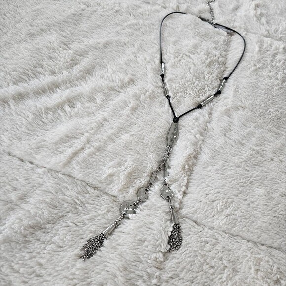 NEW Chico’s Long Black Leather Silver Tassel Necklace 13" Long plus Tassel - Picture 5 of 8